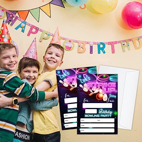 Neon Glow Bowling Birthday Invitations - Pack of 20 Cards with Envelopes