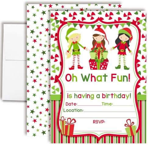 Elf Girl Christmas Invites with Envelopes 20 Pack 5x7 Double Sided
