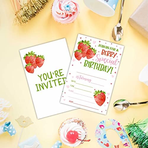 AWSICE Strawberry Birthday Invites 20pc Double-Sided Fill-In Cards