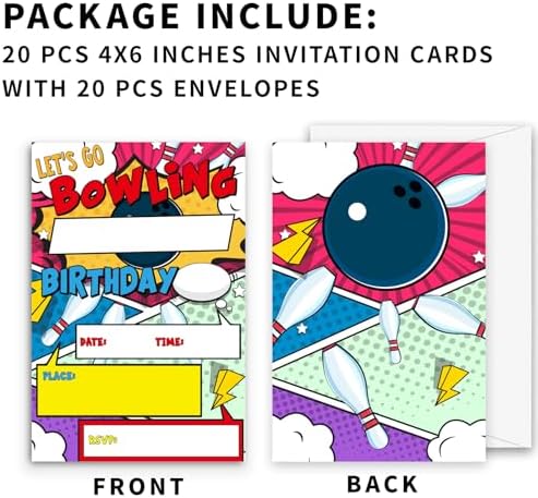 Bowling Birthday Invites with Envelopes 4x6 Inches 20 Sets