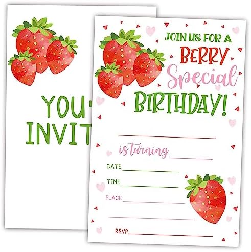 AWSICE Strawberry Birthday Invites 20pc Double-Sided Fill-In Cards