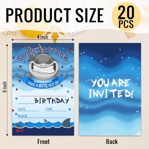 Shark Attack Birthday Party Invitations - 20 Cards