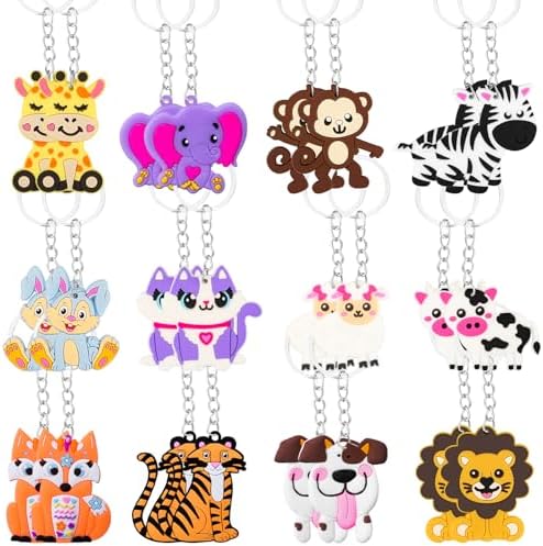 24 Pcs Jungle Safari Animal Keychain Party Favors