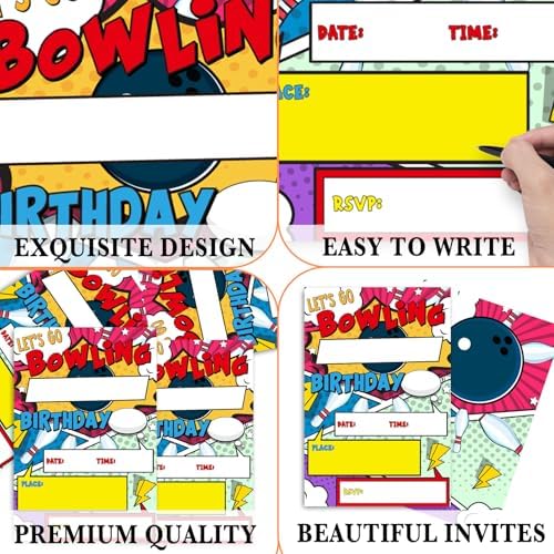Bowling Birthday Invites with Envelopes 4x6 Inches 20 Sets