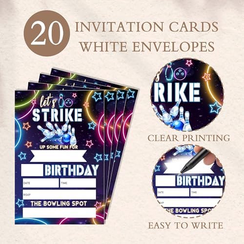 Eronm Neon Bowling Birthday Invitations 20 Pack with Envelopes