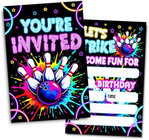 Neon Bowling Birthday Party Invitations Set