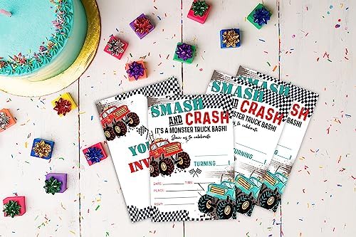 20 Pcs Monster Truck Birthday Invitations with Envelopes