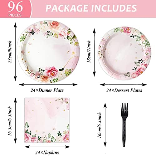 96 Pcs Pink Floral Party Plates Napkins Set for 24 Guests