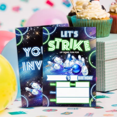 Neon Glow Bowling Birthday Invitations with Envelopes 20 Count Double Sided