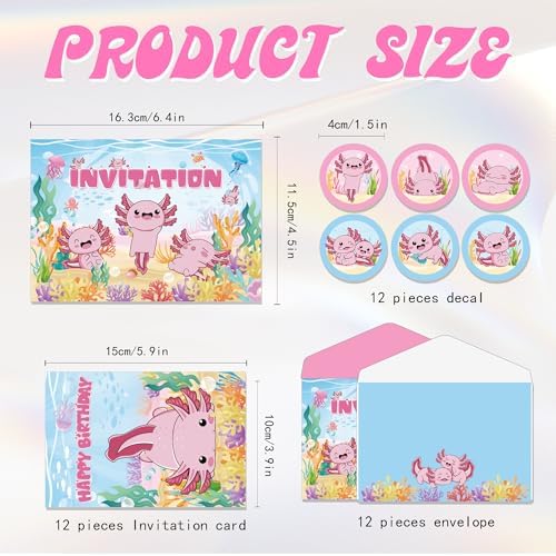 12 Pcs Axolotl Birthday Party Invitation Set