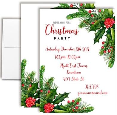 Personalized Christmas Holly Berries Party Invites 20 Pack with Envelopes