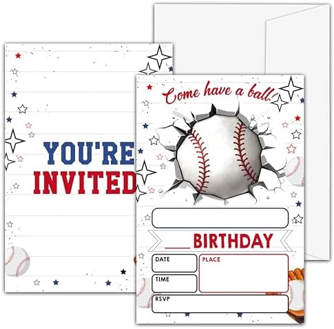 Baseball Birthday Invites for Boys - 20 Set