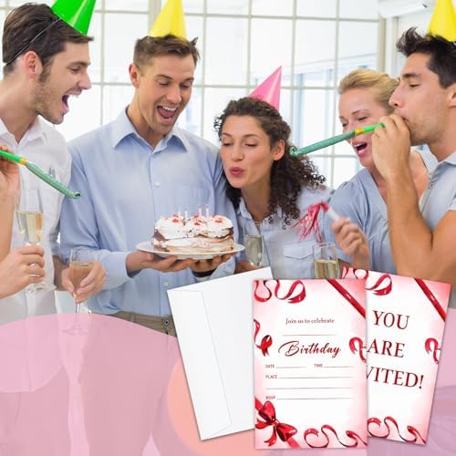 Red Bow Birthday Party Invitation Cards with Envelopes 20 Pcs