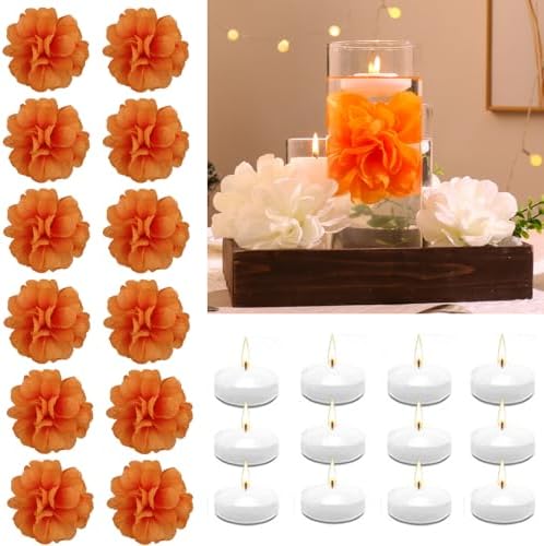 24 Pcs Floating Candles and Artificial Flowers for Centerpieces