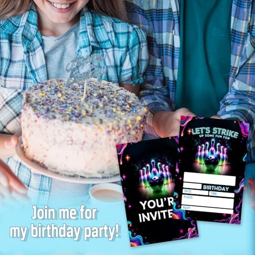 Neon Strike Bowling Birthday Invites - 25 Pcs Double Sided