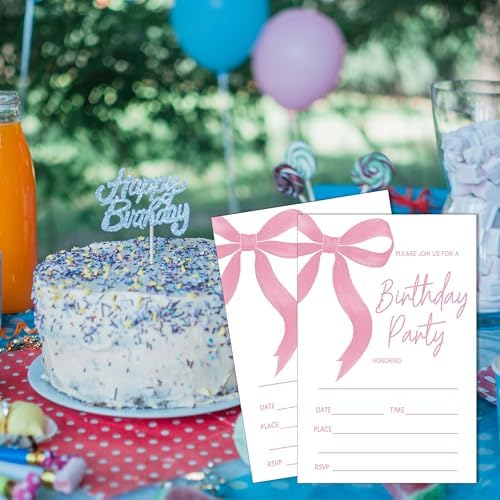 SIXEIGHT 20 Pink Bow Birthday Invitations with Envelopes