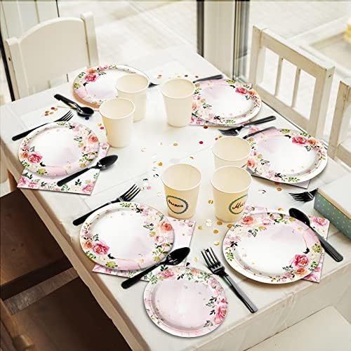 96 Pcs Pink Floral Party Plates Napkins Set for 24 Guests