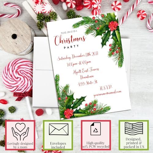 Personalized Christmas Holly Berries Party Invites 20 Pack with Envelopes