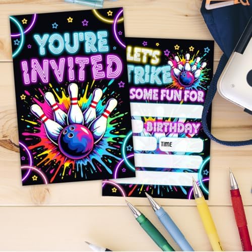 Neon Bowling Birthday Party Invitations Set