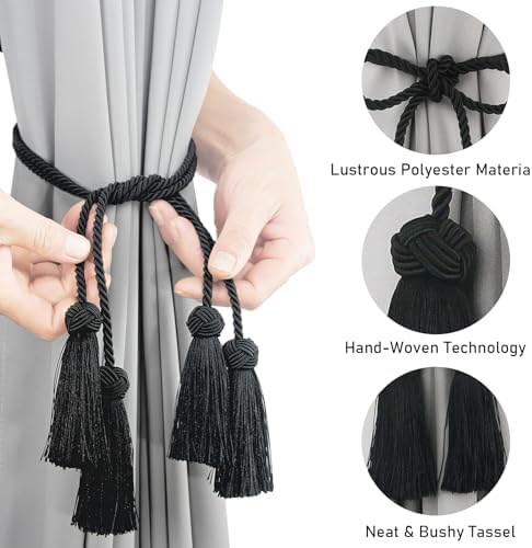 Porlau Black Tassel Curtain Tiebacks 2pack
