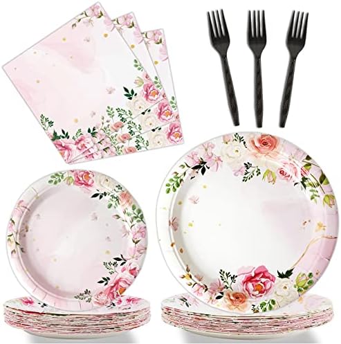96 Pcs Pink Floral Party Plates Napkins Set for 24 Guests