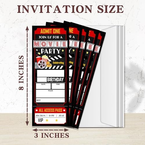 Birthday Cards 20 Movie Party Ticket Invites Red Black with Envelopes