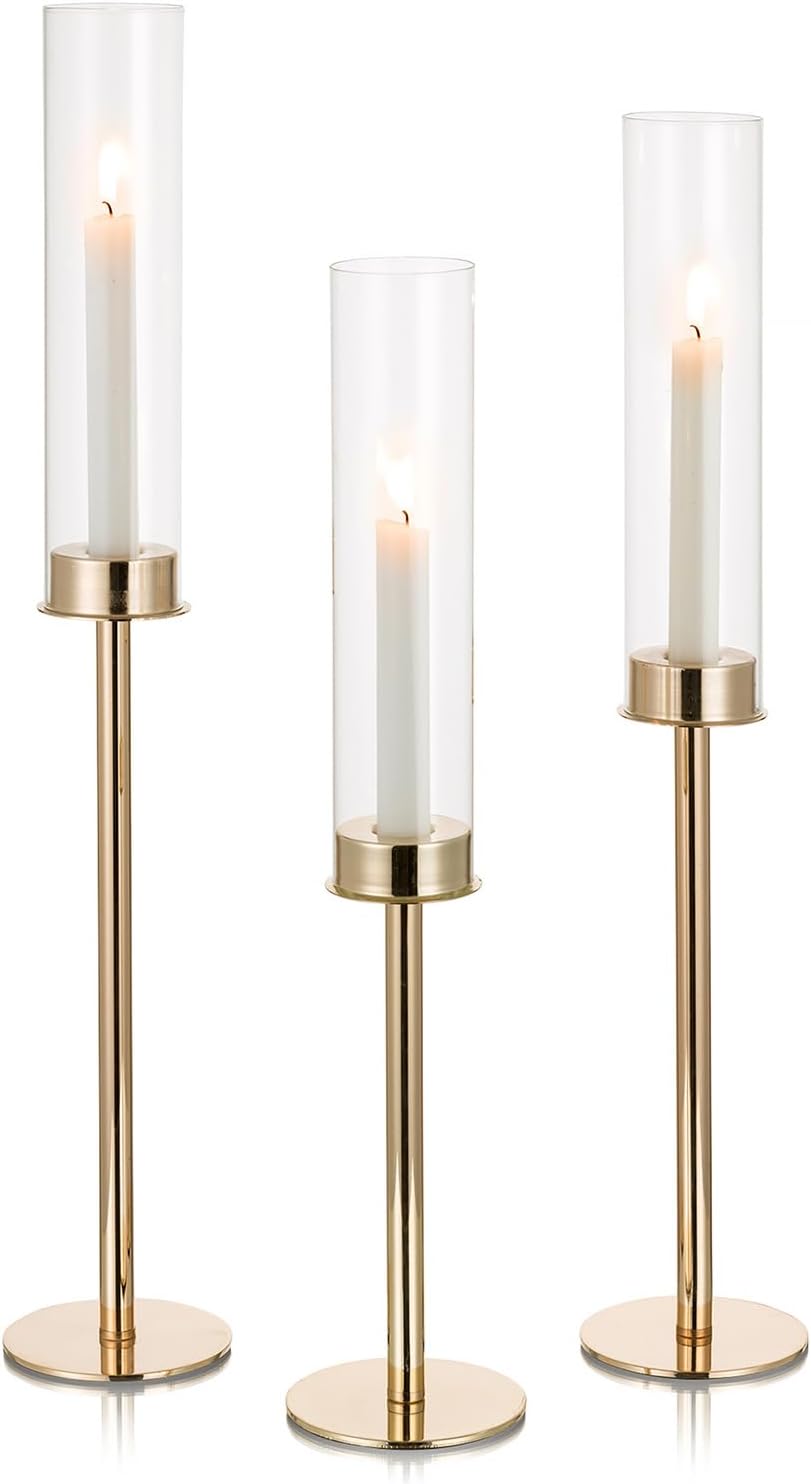 NUPTIO Gold Taper Candle Holders 3 Pcs Hurricane Candlestick