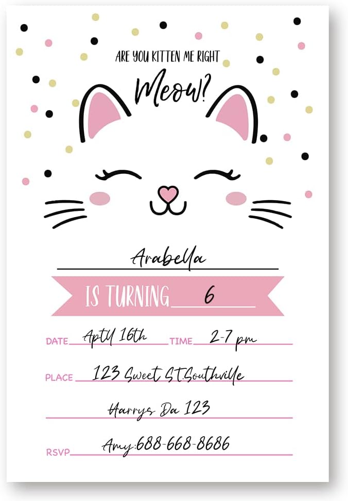 Kitty Cat Birthday Invitations Set of 20