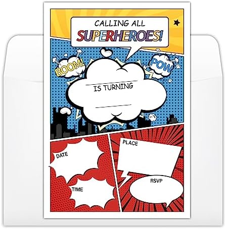 Comic Superhero Birthday Invitations with Envelopes