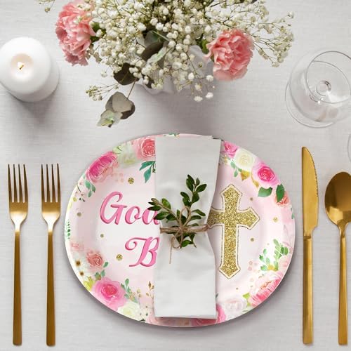 50Pcs Pink God Bless Cross Paper Plates for Baptism Parties