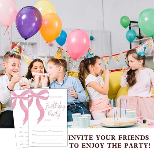 SIXEIGHT 20 Pink Bow Birthday Invitations with Envelopes