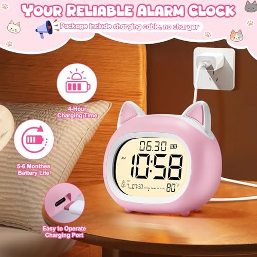 Adorable Cat Alarm Clock for Kids with Night Light