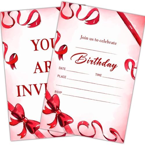 Red Bow Birthday Party Invitation Cards with Envelopes 20 Pcs