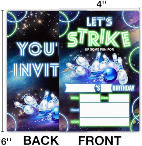 Neon Glow Bowling Birthday Invitations with Envelopes 20 Count Double Sided