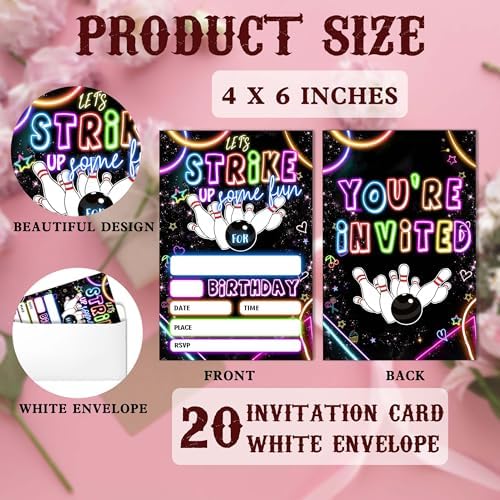 SIXEIGHT Bowling Party Invitations Neon Set 20 with Envelopes