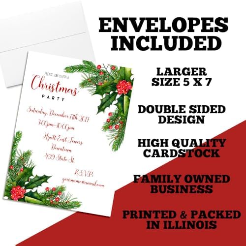 Personalized Christmas Holly Berries Party Invites 20 Pack with Envelopes