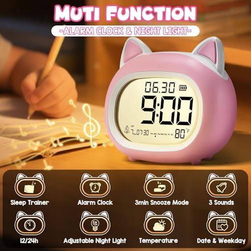 Adorable Cat Alarm Clock for Kids with Night Light