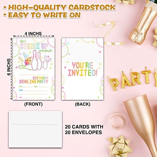Neon Glow Bowling Birthday Invites 20 Cards with Envelopes