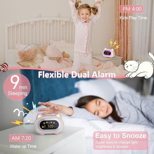 Charming Cat Alarm Clock for Kids with Dual Alarm and Night Light