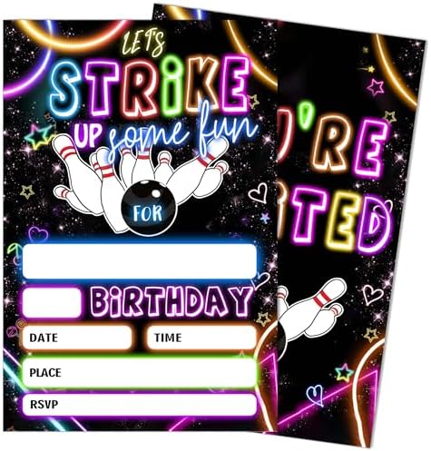 SIXEIGHT Bowling Party Invitations Neon Set 20 with Envelopes