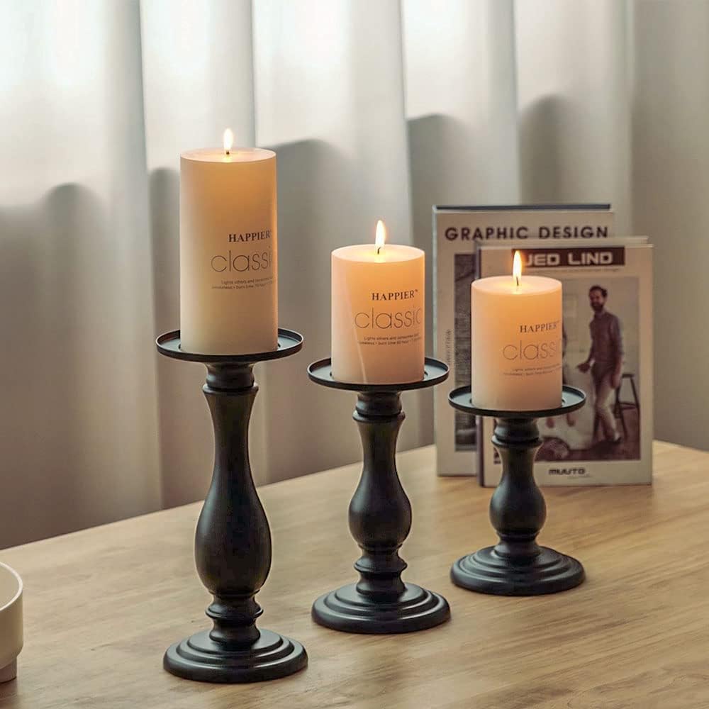 Set of 3 Matte Black Candle Holders for Decor