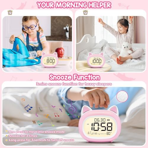 Adorable Cat Alarm Clock for Kids with Night Light