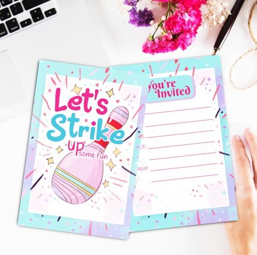 Pink Bowling Birthday Party Invitation Cards 30 Pack with Envelopes