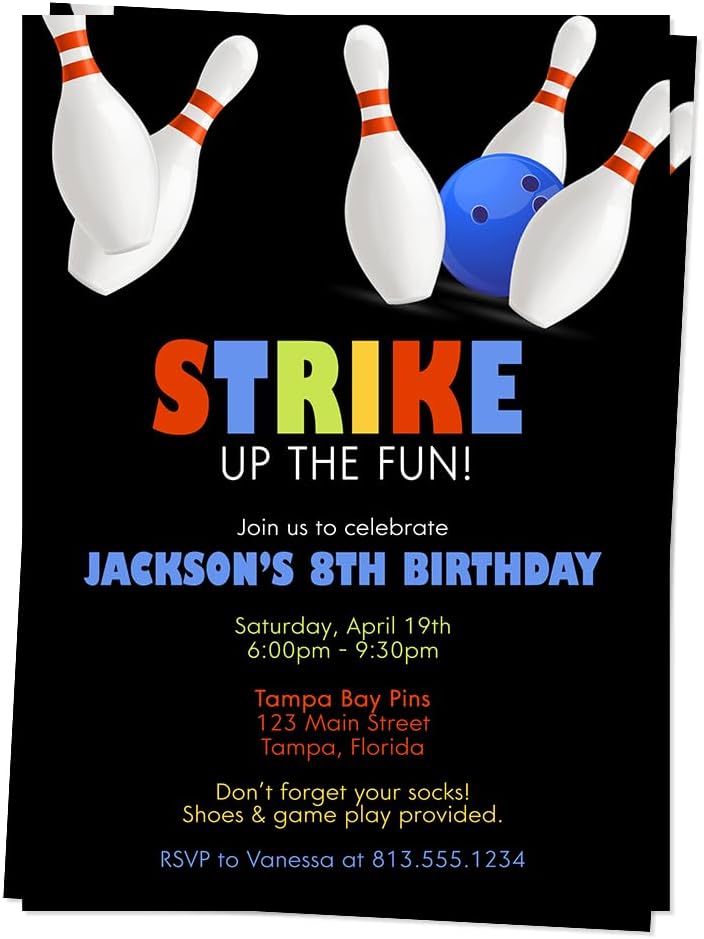 Personalized Bowling Party Invites Boy Birthday 12 Count