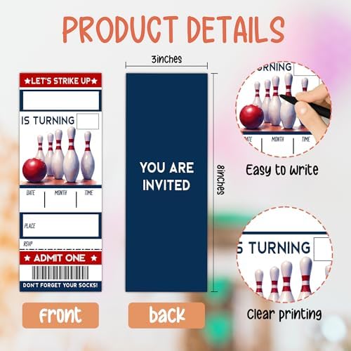 Lets Strike Birthday Invitation Cards with Envelopes Double Sided 3x8 Inches 20pcs
