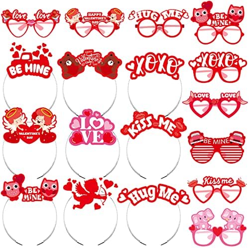 Kingdder 18 Pcs Valentines Day Headband and Glasses Set