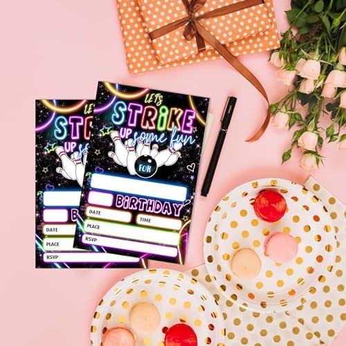 SIXEIGHT Bowling Party Invitations Neon Set 20 with Envelopes