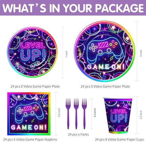 Video Game Birthday Plates Napkins Tableware Set for 24 Guests