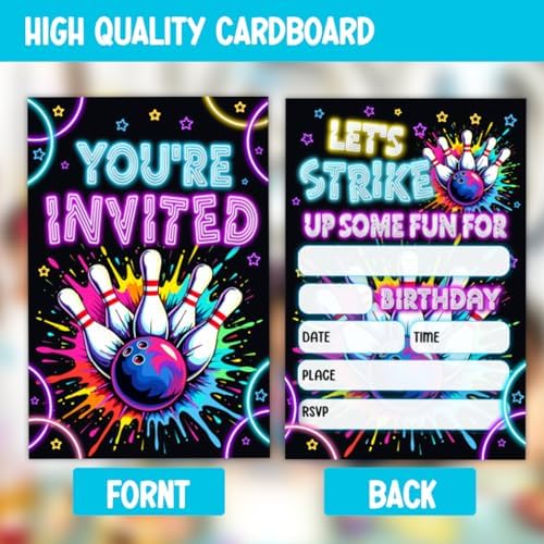 Neon Bowling Birthday Party Invitations Set