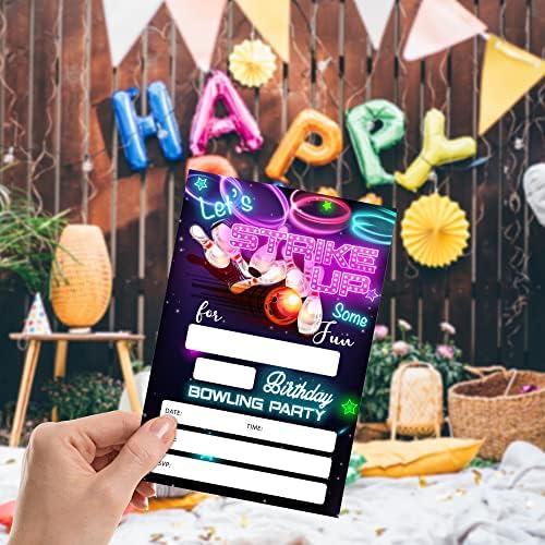 Neon Glow Bowling Birthday Invitations - Pack of 20 Cards with Envelopes